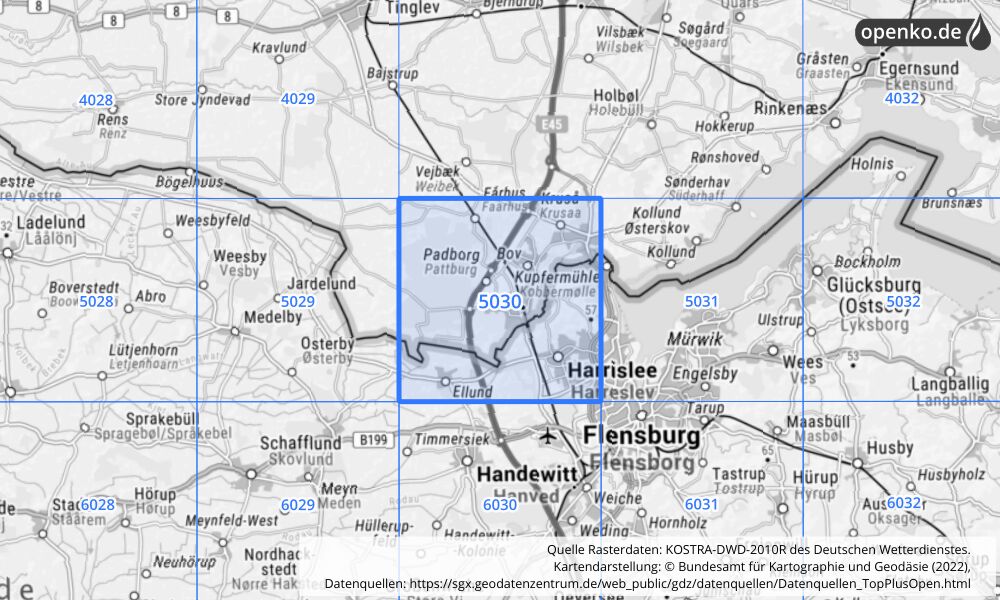 Übersichtskarte KOSTRA-DWD-2010R Rasterfeld Nr. 5030 mit angrenzenden Feldern