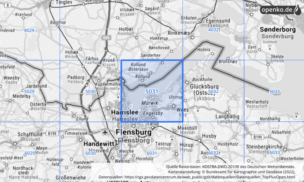 Übersichtskarte KOSTRA-DWD-2010R Rasterfeld Nr. 5031 mit angrenzenden Feldern