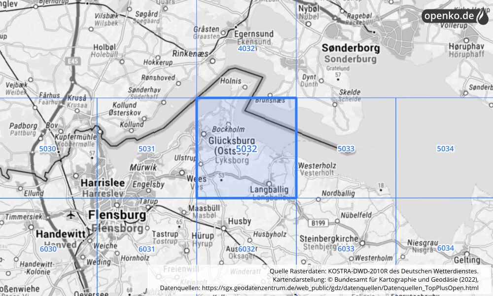 Übersichtskarte KOSTRA-DWD-2010R Rasterfeld Nr. 5032 mit angrenzenden Feldern