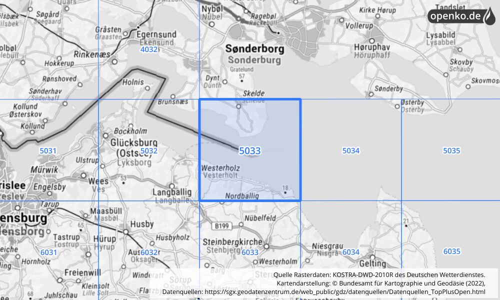 Übersichtskarte KOSTRA-DWD-2010R Rasterfeld Nr. 5033 mit angrenzenden Feldern