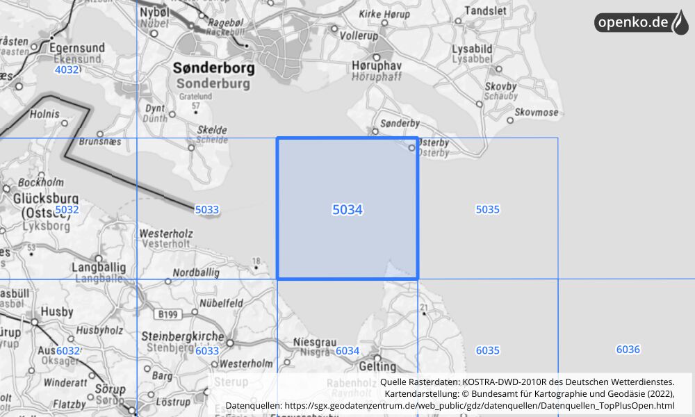 Übersichtskarte KOSTRA-DWD-2010R Rasterfeld Nr. 5034 mit angrenzenden Feldern