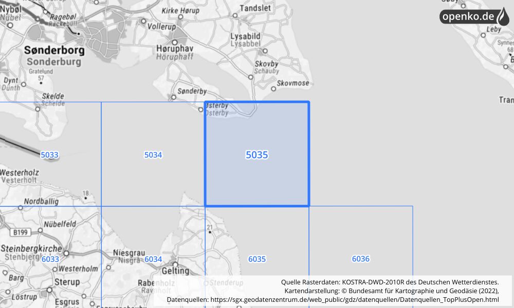 Übersichtskarte KOSTRA-DWD-2010R Rasterfeld Nr. 5035 mit angrenzenden Feldern