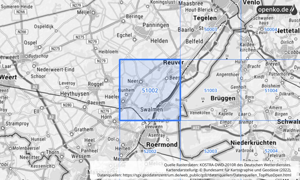 Übersichtskarte KOSTRA-DWD-2010R Rasterfeld Nr. 51002 mit angrenzenden Feldern