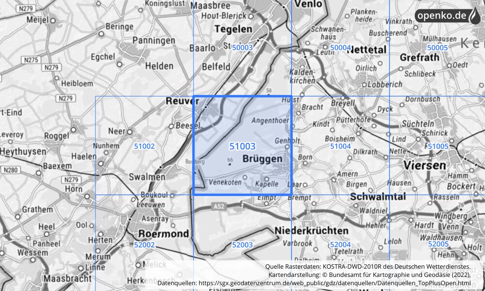 Übersichtskarte KOSTRA-DWD-2010R Rasterfeld Nr. 51003 mit angrenzenden Feldern