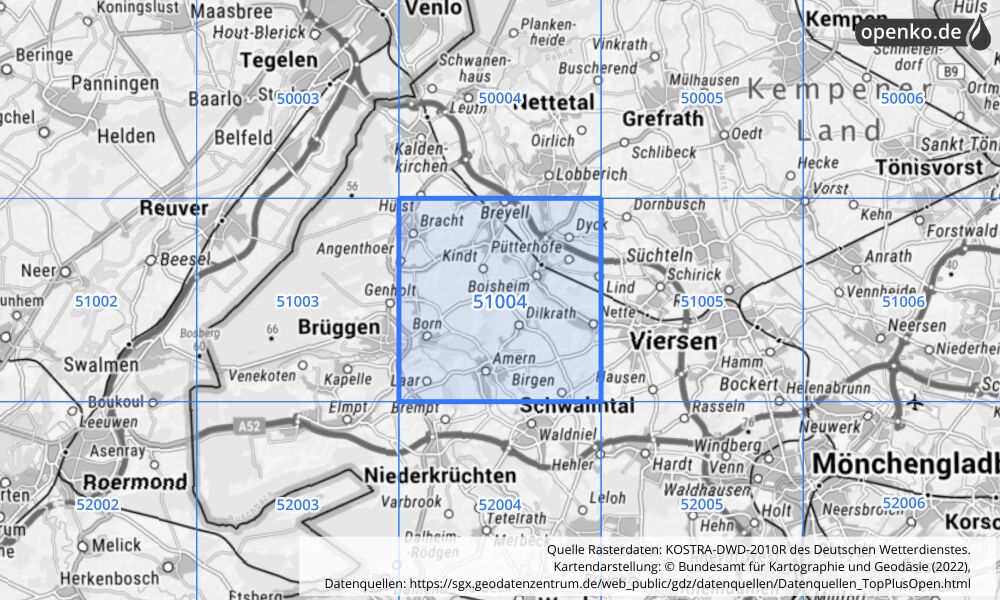 Übersichtskarte KOSTRA-DWD-2010R Rasterfeld Nr. 51004 mit angrenzenden Feldern