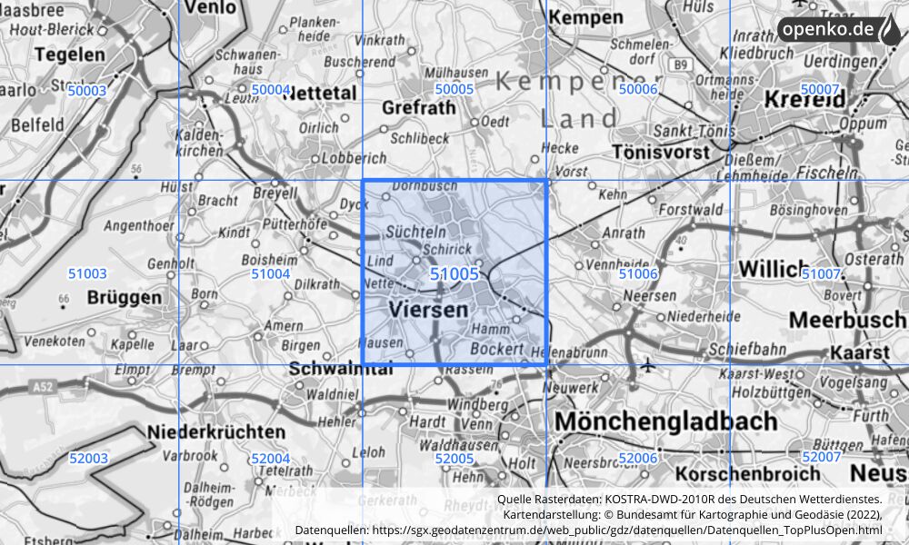 Übersichtskarte KOSTRA-DWD-2010R Rasterfeld Nr. 51005 mit angrenzenden Feldern