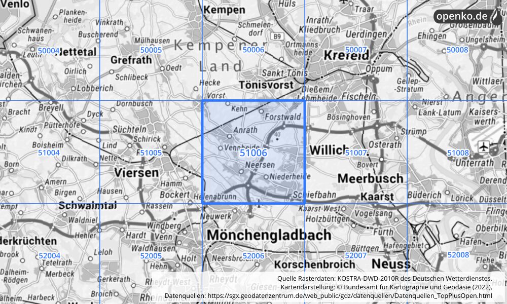 Übersichtskarte KOSTRA-DWD-2010R Rasterfeld Nr. 51006 mit angrenzenden Feldern