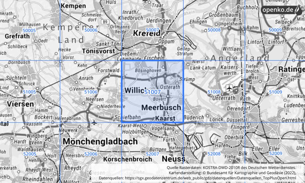 Übersichtskarte KOSTRA-DWD-2010R Rasterfeld Nr. 51007 mit angrenzenden Feldern