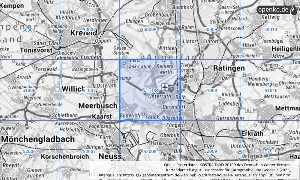 Übersichtskarte KOSTRA-DWD-2010R Rasterfeld Nr. 51008 mit angrenzenden Feldern