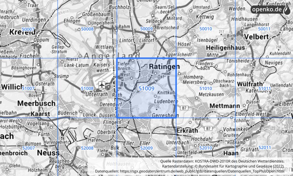 Übersichtskarte KOSTRA-DWD-2010R Rasterfeld Nr. 51009 mit angrenzenden Feldern