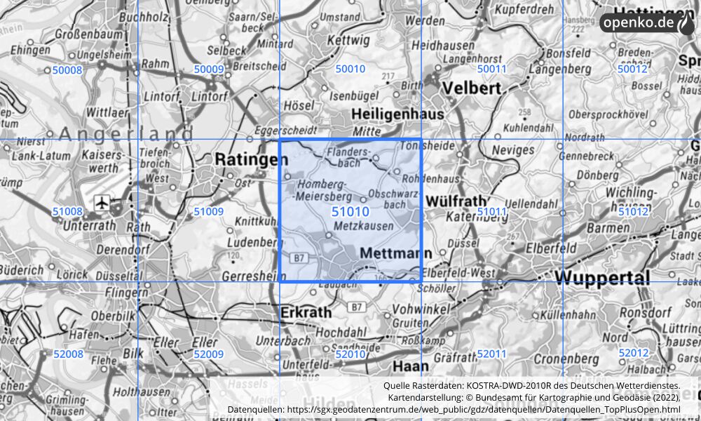 Übersichtskarte KOSTRA-DWD-2010R Rasterfeld Nr. 51010 mit angrenzenden Feldern