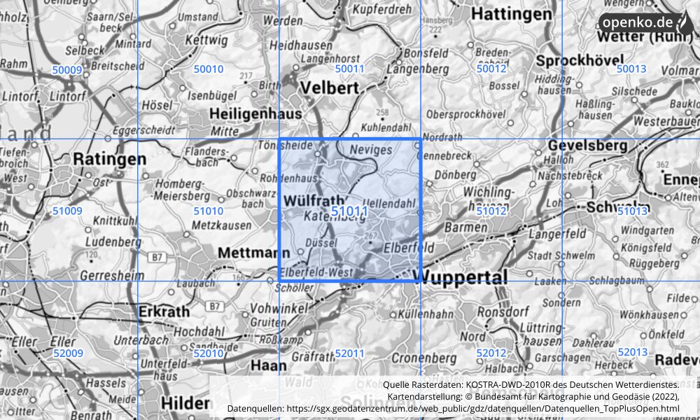 Übersichtskarte KOSTRA-DWD-2010R Rasterfeld Nr. 51011 mit angrenzenden Feldern