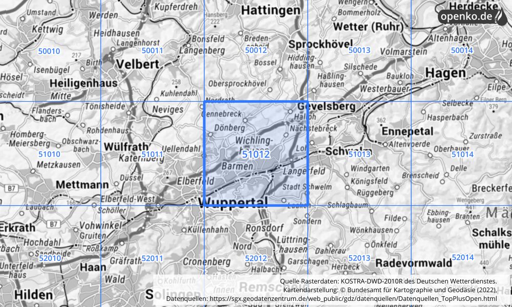 Übersichtskarte KOSTRA-DWD-2010R Rasterfeld Nr. 51012 mit angrenzenden Feldern