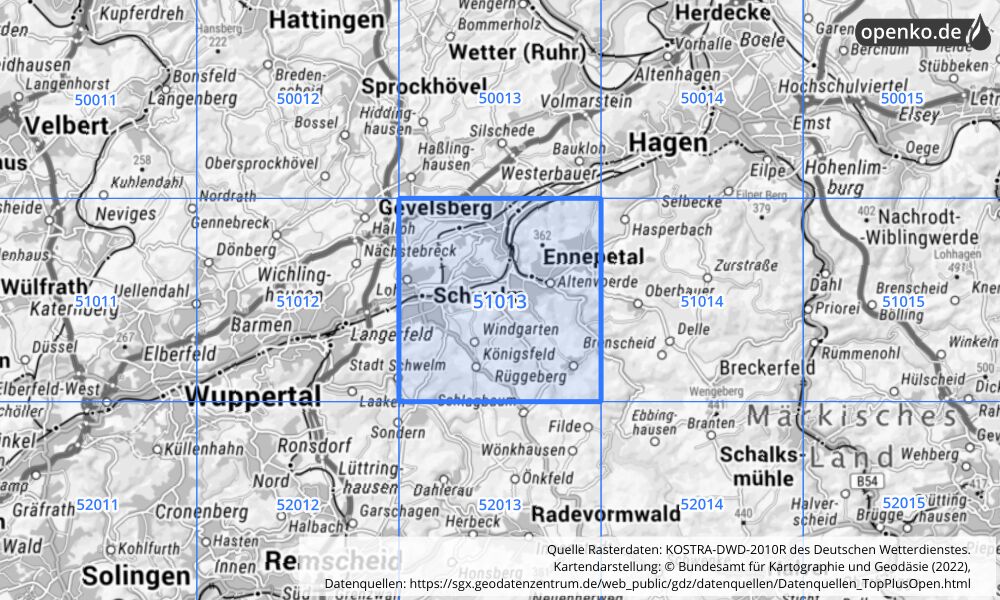 Übersichtskarte KOSTRA-DWD-2010R Rasterfeld Nr. 51013 mit angrenzenden Feldern