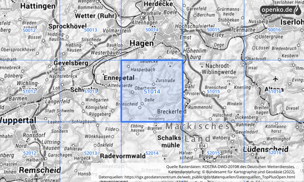 Übersichtskarte KOSTRA-DWD-2010R Rasterfeld Nr. 51014 mit angrenzenden Feldern