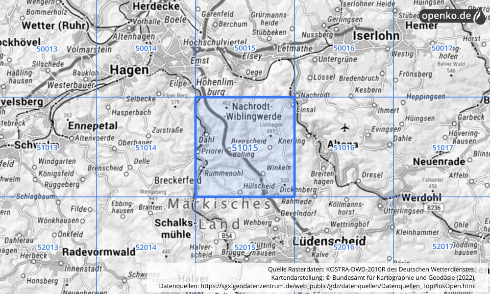 Übersichtskarte KOSTRA-DWD-2010R Rasterfeld Nr. 51015 mit angrenzenden Feldern