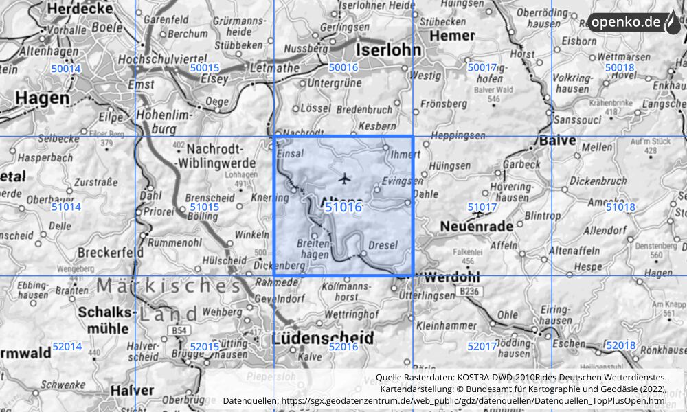 Übersichtskarte KOSTRA-DWD-2010R Rasterfeld Nr. 51016 mit angrenzenden Feldern