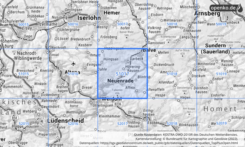 Übersichtskarte KOSTRA-DWD-2010R Rasterfeld Nr. 51017 mit angrenzenden Feldern