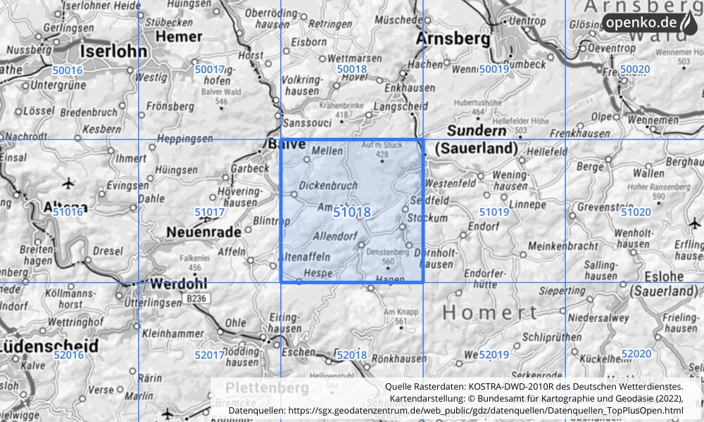 Übersichtskarte KOSTRA-DWD-2010R Rasterfeld Nr. 51018 mit angrenzenden Feldern