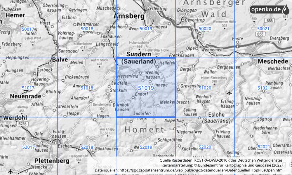 Übersichtskarte KOSTRA-DWD-2010R Rasterfeld Nr. 51019 mit angrenzenden Feldern