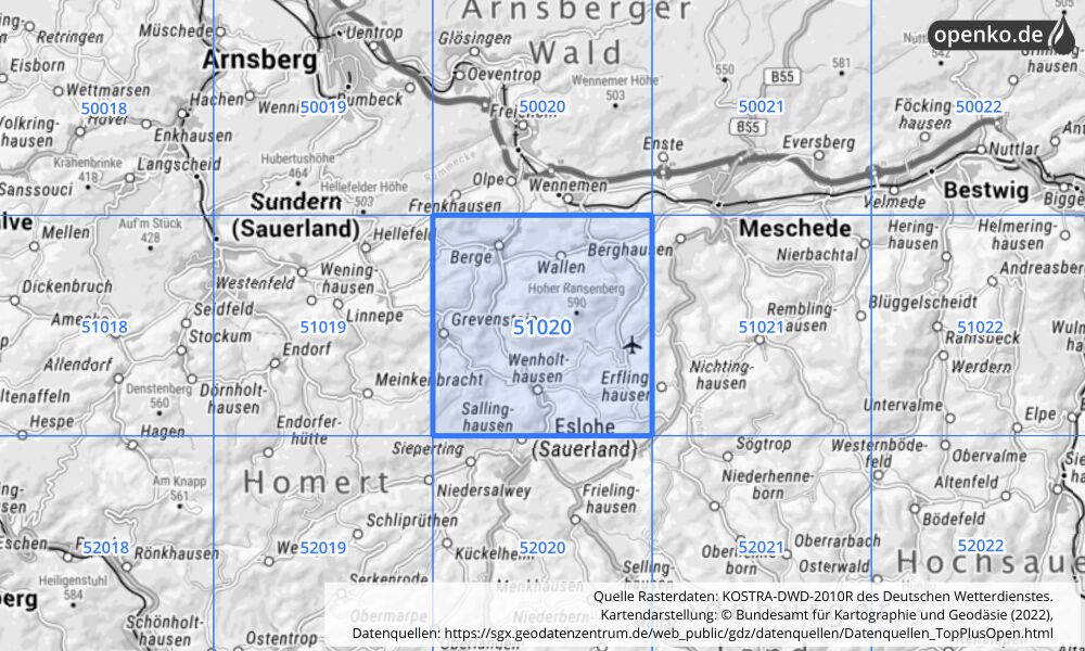 Übersichtskarte KOSTRA-DWD-2010R Rasterfeld Nr. 51020 mit angrenzenden Feldern