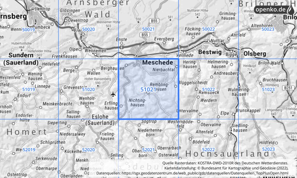 Übersichtskarte KOSTRA-DWD-2010R Rasterfeld Nr. 51021 mit angrenzenden Feldern