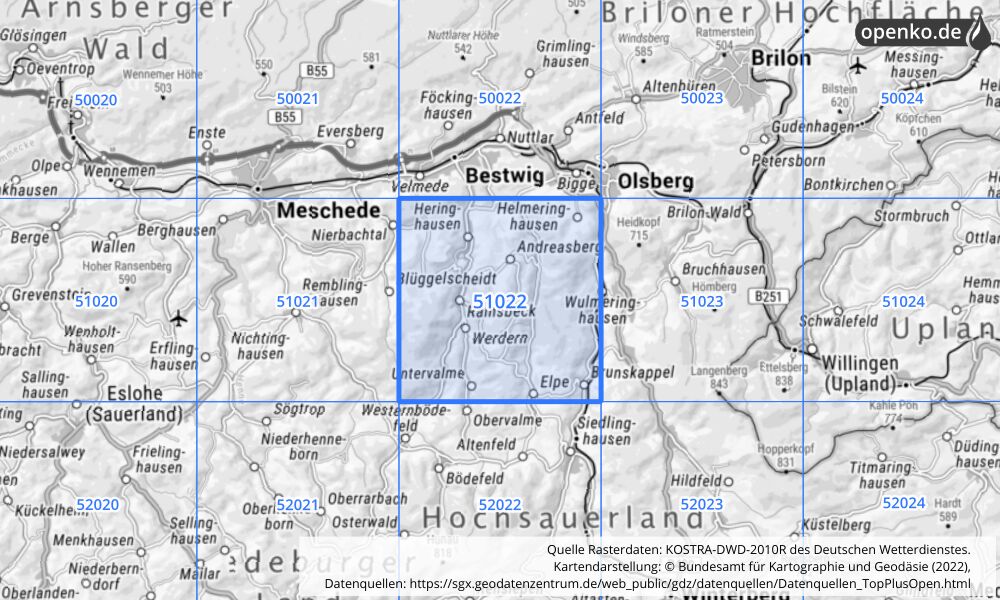 Übersichtskarte KOSTRA-DWD-2010R Rasterfeld Nr. 51022 mit angrenzenden Feldern