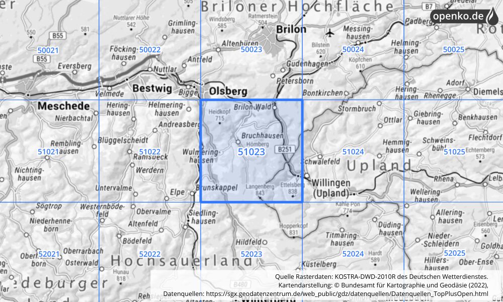 Übersichtskarte KOSTRA-DWD-2010R Rasterfeld Nr. 51023 mit angrenzenden Feldern