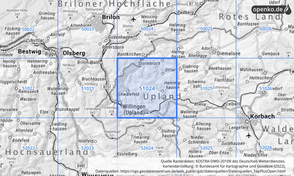 Übersichtskarte KOSTRA-DWD-2010R Rasterfeld Nr. 51024 mit angrenzenden Feldern