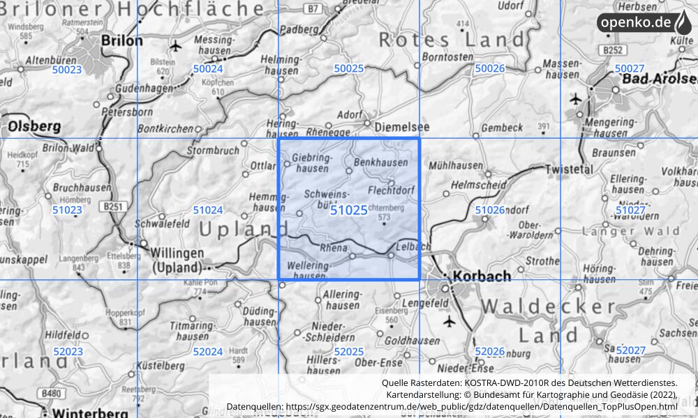 Übersichtskarte KOSTRA-DWD-2010R Rasterfeld Nr. 51025 mit angrenzenden Feldern