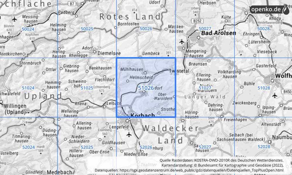 Übersichtskarte KOSTRA-DWD-2010R Rasterfeld Nr. 51026 mit angrenzenden Feldern