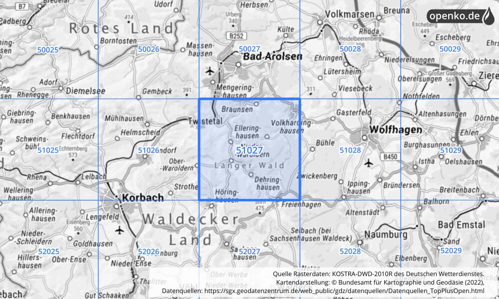 Übersichtskarte KOSTRA-DWD-2010R Rasterfeld Nr. 51027 mit angrenzenden Feldern