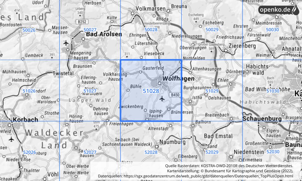 Übersichtskarte KOSTRA-DWD-2010R Rasterfeld Nr. 51028 mit angrenzenden Feldern