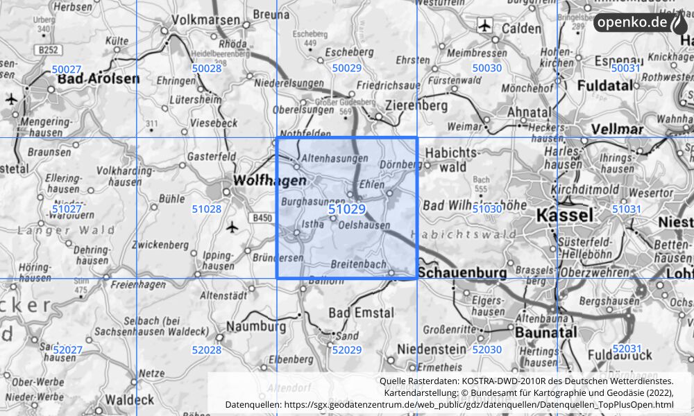 Übersichtskarte KOSTRA-DWD-2010R Rasterfeld Nr. 51029 mit angrenzenden Feldern