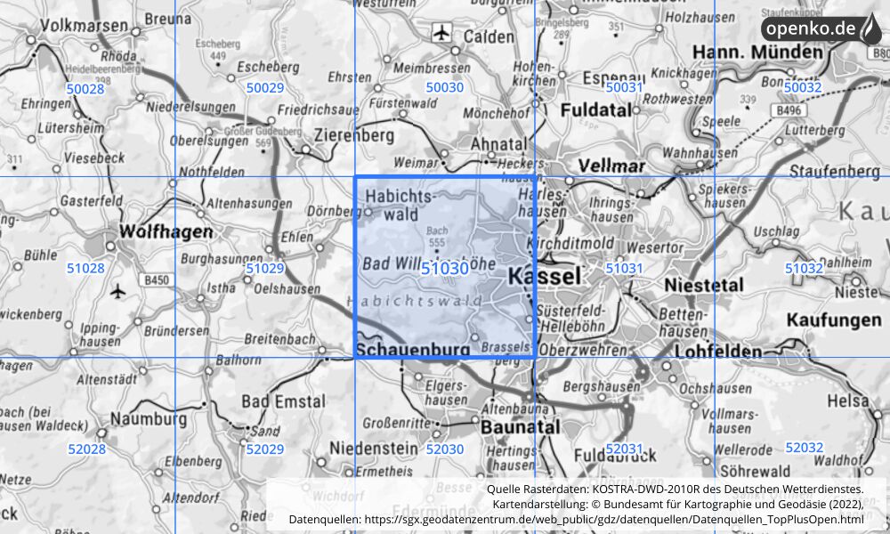 Übersichtskarte KOSTRA-DWD-2010R Rasterfeld Nr. 51030 mit angrenzenden Feldern