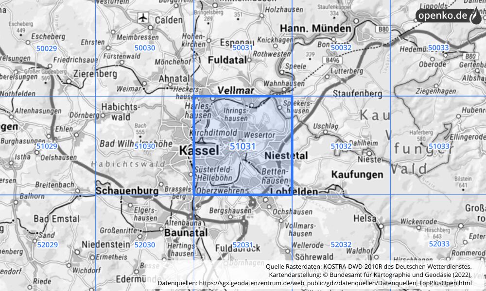 Übersichtskarte KOSTRA-DWD-2010R Rasterfeld Nr. 51031 mit angrenzenden Feldern