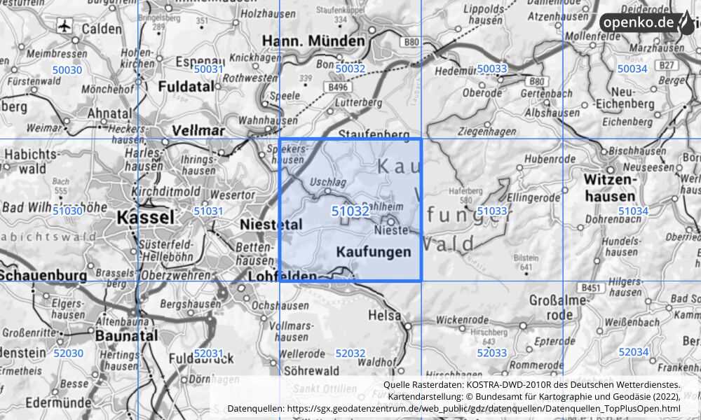 Übersichtskarte KOSTRA-DWD-2010R Rasterfeld Nr. 51032 mit angrenzenden Feldern