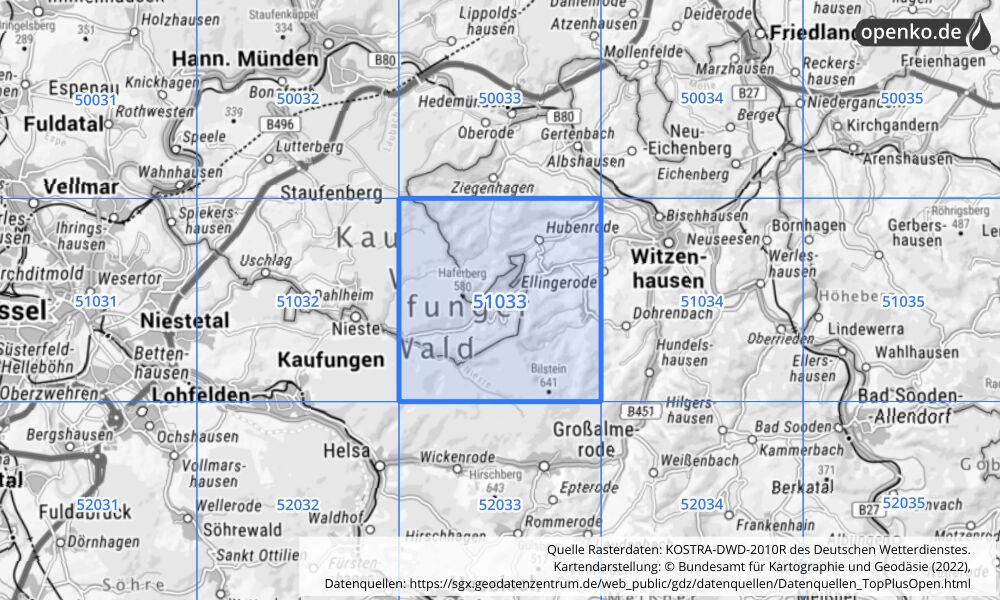 Übersichtskarte KOSTRA-DWD-2010R Rasterfeld Nr. 51033 mit angrenzenden Feldern