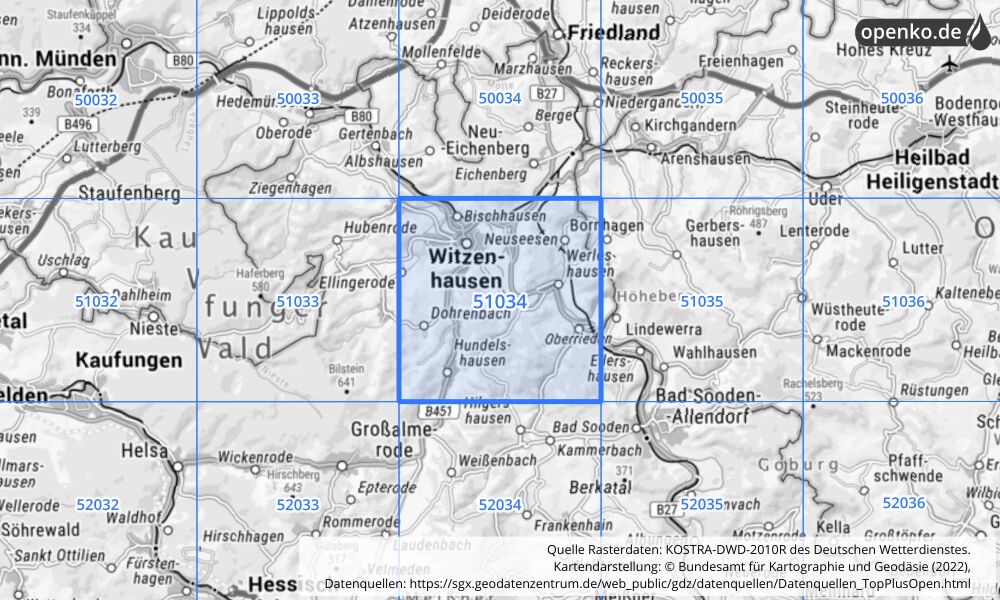 Übersichtskarte KOSTRA-DWD-2010R Rasterfeld Nr. 51034 mit angrenzenden Feldern