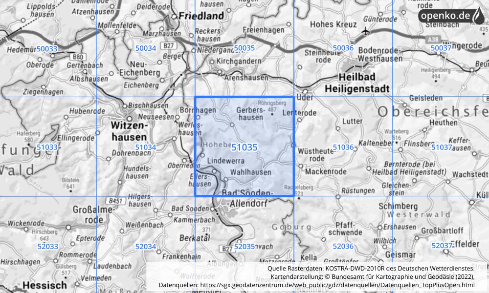 Übersichtskarte KOSTRA-DWD-2010R Rasterfeld Nr. 51035 mit angrenzenden Feldern