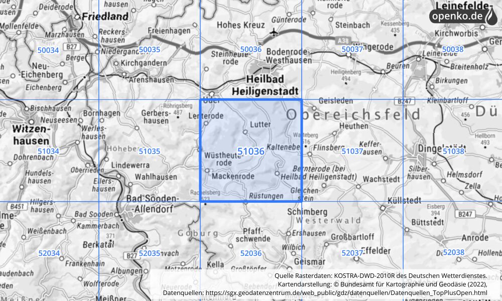 Übersichtskarte KOSTRA-DWD-2010R Rasterfeld Nr. 51036 mit angrenzenden Feldern