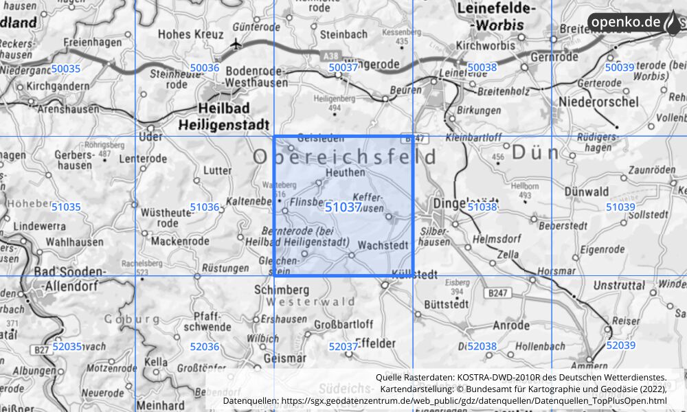 Übersichtskarte KOSTRA-DWD-2010R Rasterfeld Nr. 51037 mit angrenzenden Feldern