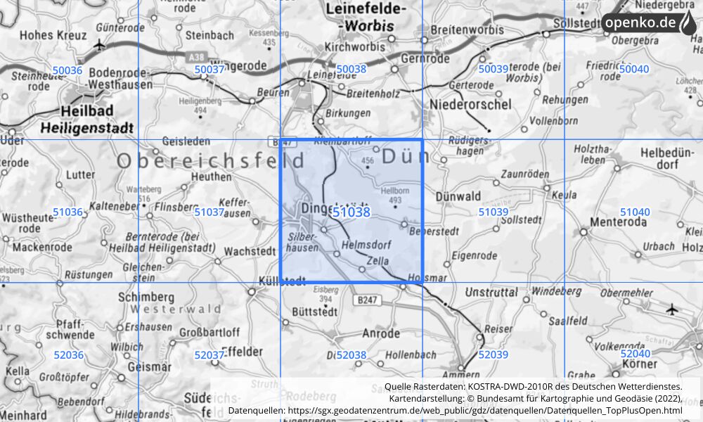 Übersichtskarte KOSTRA-DWD-2010R Rasterfeld Nr. 51038 mit angrenzenden Feldern