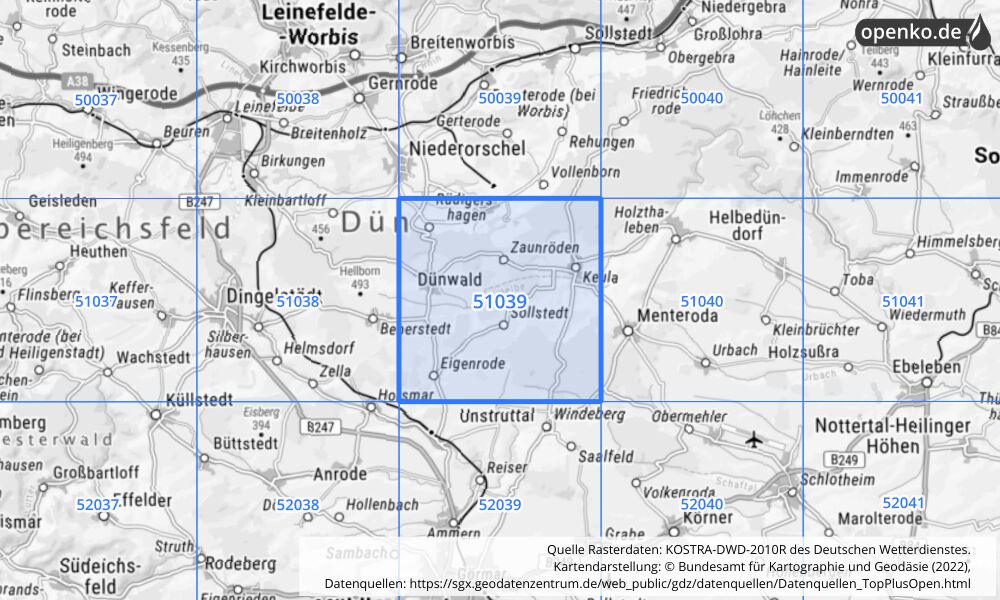 Übersichtskarte KOSTRA-DWD-2010R Rasterfeld Nr. 51039 mit angrenzenden Feldern