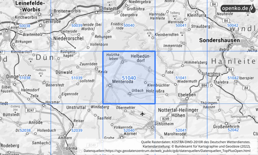 Übersichtskarte KOSTRA-DWD-2010R Rasterfeld Nr. 51040 mit angrenzenden Feldern