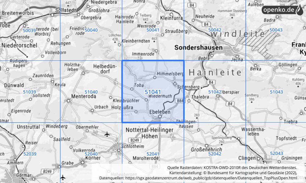 Übersichtskarte KOSTRA-DWD-2010R Rasterfeld Nr. 51041 mit angrenzenden Feldern