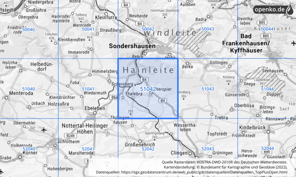 Übersichtskarte KOSTRA-DWD-2010R Rasterfeld Nr. 51042 mit angrenzenden Feldern