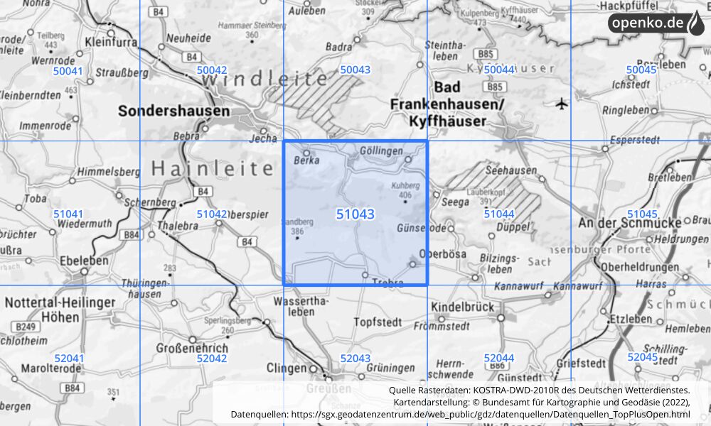 Übersichtskarte KOSTRA-DWD-2010R Rasterfeld Nr. 51043 mit angrenzenden Feldern