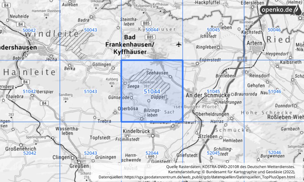 Übersichtskarte KOSTRA-DWD-2010R Rasterfeld Nr. 51044 mit angrenzenden Feldern