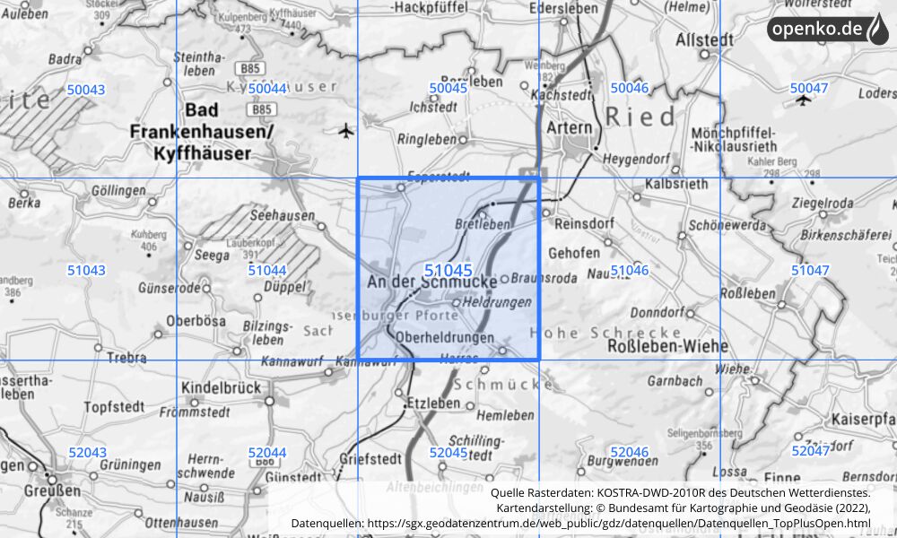 Übersichtskarte KOSTRA-DWD-2010R Rasterfeld Nr. 51045 mit angrenzenden Feldern
